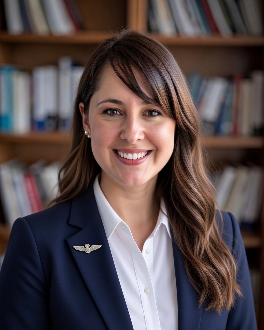 Silvana Gómez Trujillo, psicóloga aeronáutica, con blazer azul marino y alas de aviador en la solapa
